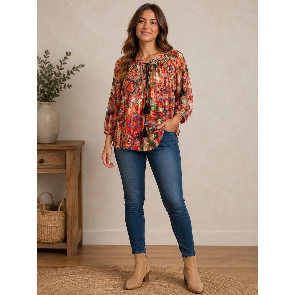 Angie Boho Southwestern Embroidered Tunic Top S Red Multicolor Aztec Festival